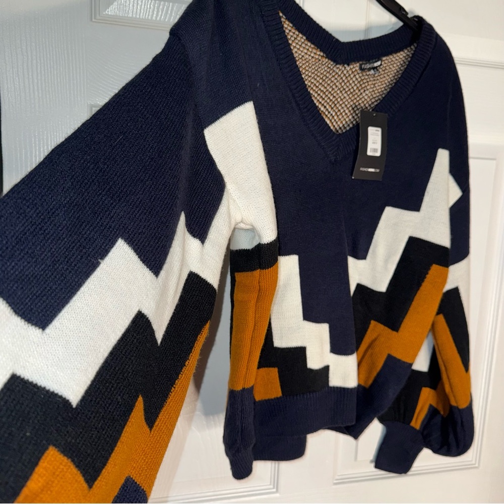 Fashion Nova Navy, White & Mustard Zigzag Knit Sweater NWT